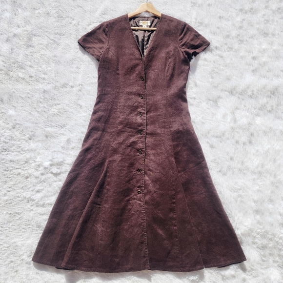 Talbots Dresses & Skirts - Talbots Petites Linen Chocolate Brown Button Front Flounce Midi Dress